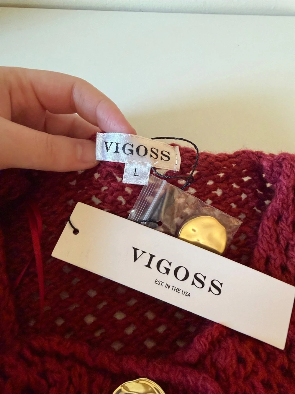 NWT Vigoss Office Career Deep Red Crochet Knit Button Vest Gold Buttons Large